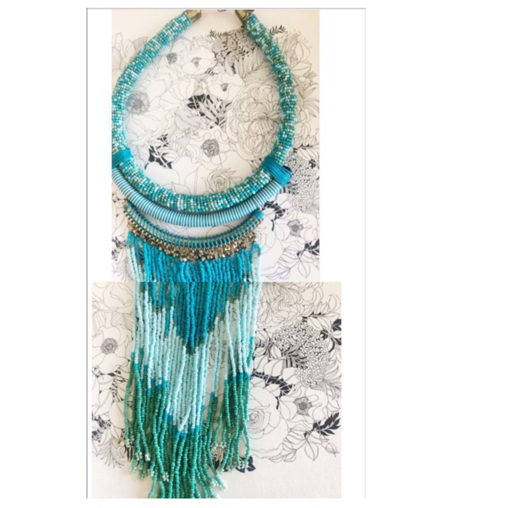 Turquoise Color Seed Bead Statement Necklace - image 1